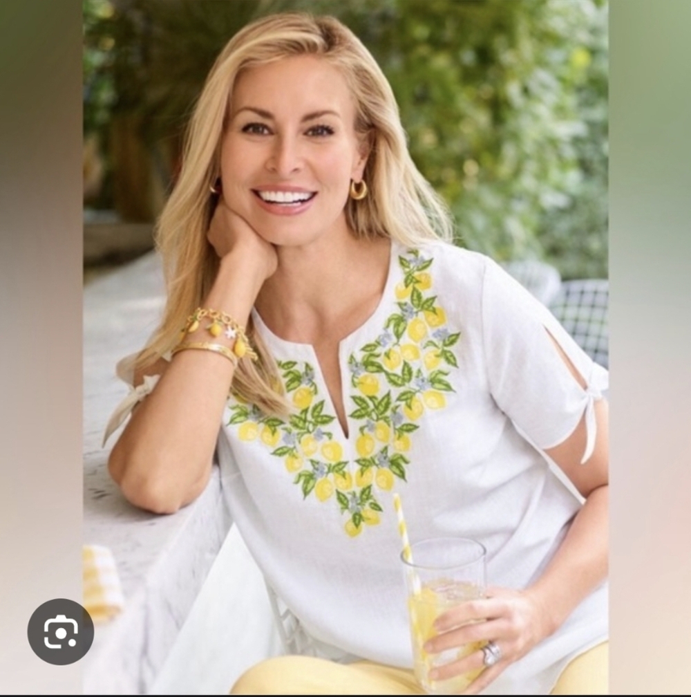 Talbots Linen Blend Lemon Embroidered Tie Sleeve Blouse sz XL White Chic Coastal